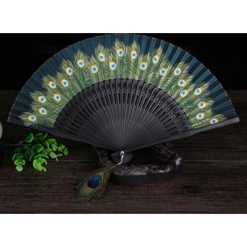 Chinese Style Peacock Patterned Hand Fans Vintage Imitation Silk Handheld Folding Fan with Bamboo Frame for Dancing Party Gifts