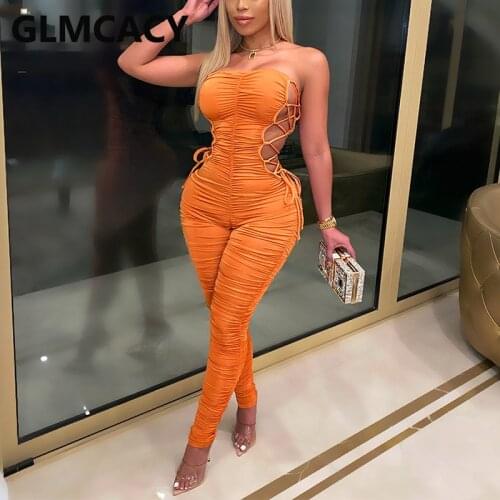 Off Shoulder Side Lace Up Tube Jumpsuit Ruched Pants Summer Overalls