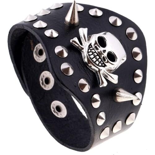 Punk Rivet Skull Cow Leather Bangle Exaggerated Genuine Leather Jewelry Charm Wrap Halloween Bracelets For Men Women