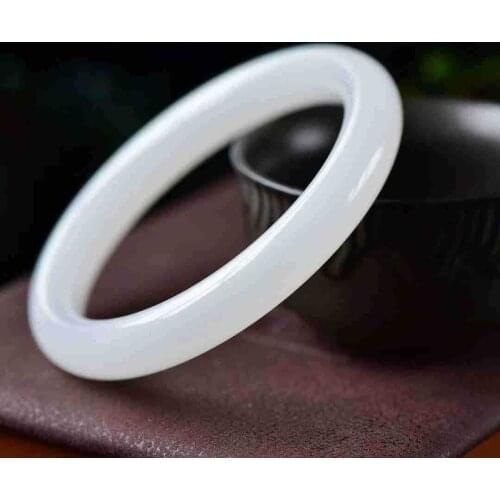 Natural Chinese White Jade Hand Carved Round Bar Bracelet Fashion Boutique Jewelry Mens and Womens White Bangle