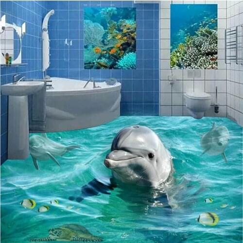 Beibehang Custom wallpaper floor kitchen bathroom self adhesive wallpaper cute dolphin 3d flooring mural papel de parede