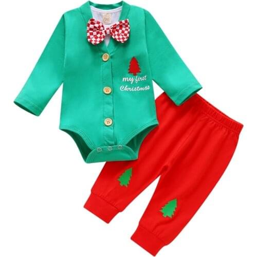 Autumn Baby Boy Clothes Long Sleeve Christmas Bow Design Romper+Jumpsuit Coat+Pants