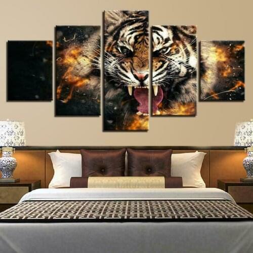 Roaring Wildlife Tiger Tooth Posters 5pcs Modern Home Wall Decor Canvas Picture Art HD Print Painting On Canvas for Living Room