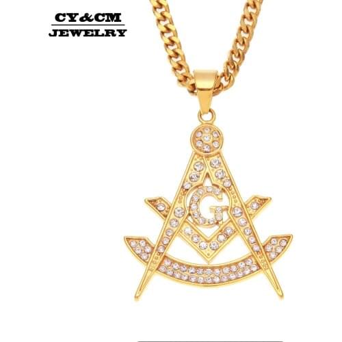 CY&CM Hip Hop Iced Out Freemason Masonic Rhinestone Pendant Mens Stainless Steel Jewelry Golden Punk Rock Pendant Charm Necklace