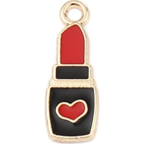 20 PCs Zinc Based Alloy Makeup Charms Lipstick Gold Plated Black & Red Enamel 21mm x 7mm