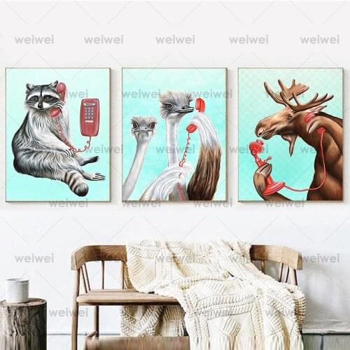 Funyy Animals Answer The Phone Posters Ostrich Cat Dog Raccoon Canvas Painting Abstract Wall Pictures for Living Room Home Decor