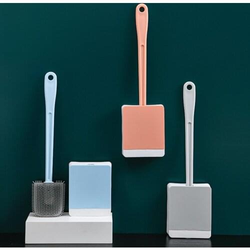 Toilet Brush Water Leak Proof With base Silicone Wc Flat Head Flexible Soft Bristles Brush with Quick Drying Holder Set