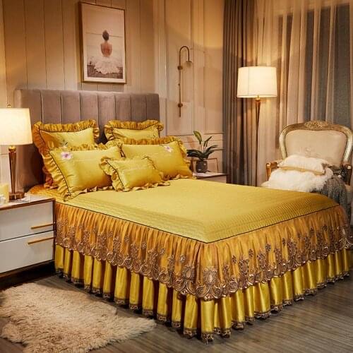 Luxury Silkly Thick Washed Silk Glod Lace Edge Bed Skirt Pillowcases Bedclothes Mattress cover Bedspread Bed Linen Home Textile