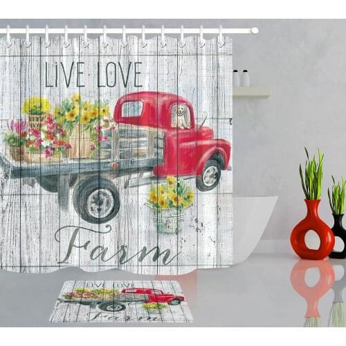 Red Car Truck with Flowers Hand Painted Watercolor Shower Curtain Bathroom Bathtub Decor Waterproof Fabric Curtain Home Decor