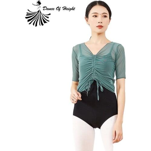 Half Sleeve See Through Classical Dance Clothing Sexy Mesh V Neck Womens Dancewear Ruched Drawstring Front Ballet Cover-up Top