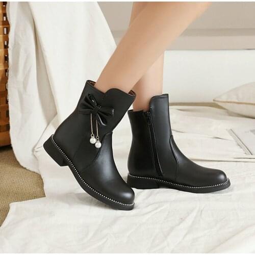 2021 New Sweet Kids Pu Leather Boots Women Bow Tie Round Toe Med Heels Shoes Ladies Boots Zip Autumn Winter Ankle Boots