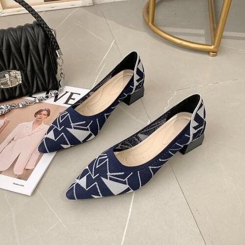 Womens square toe thick heel work shoes ladies dress new style womens shoes autumn single shoes fashion knitted pointed shoes