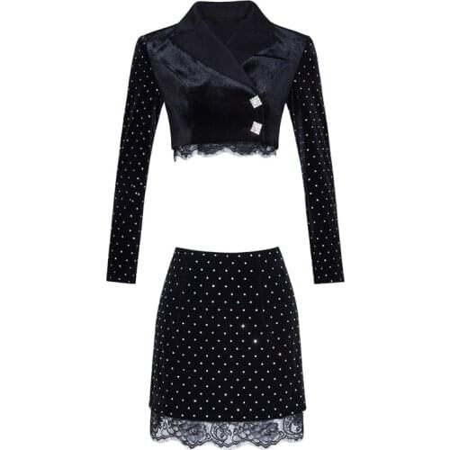 Summer Outfits Women Clothes Velvet Two Pieces Set Glitter Stone Lace Trims Black Jacket Crop Top + A Line Mini Skirt