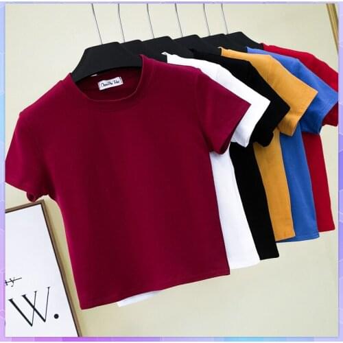 Crop Top T-Shirt Female Solid Cotton O-Neck Short Sleeve T-shirts for Women High Waist Slim Solid Sports Top Femme Tee Shirt