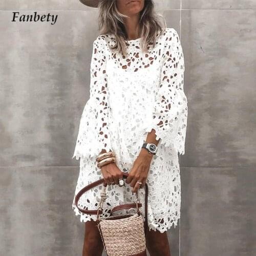 Sexy Hollow Out Crochet Lace Party Dress 2021 Casual O Neck Solid Mini Dress Women Autumn Flare Sleeve Elegant Office Lady Dress