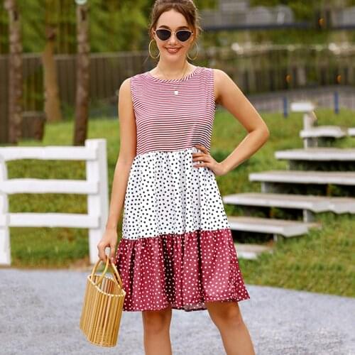 Summer O Neck Stripe Print Casual Splicing Midi Dress For Women 2021 New Elegant Sleeveless Loose Beach Vestidos Femme Plus Size