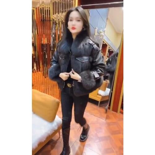 Winter Women Sheepskin Long Coats Thick Eco-leather Lambskin Wool Fur Big Pockets Jackets Splicing Black Motorcycle Outwear