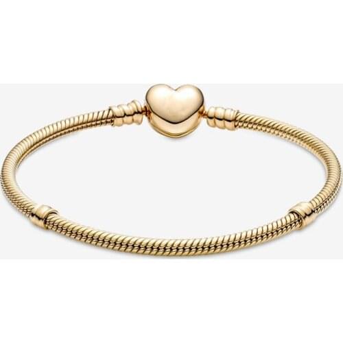 2021 925 Sterling Silver Moments Heart Clasp Snake Chain Bracelets For Women With Golden Fit Charms Beads DIY Monthers Day Gift