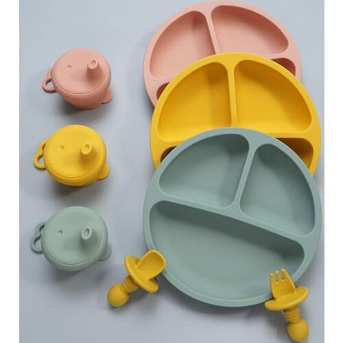 3Pcs Baby Accessories Toddler Feeding Silicone Dinner Plate Waterproof Soft Infant Fork Spoon With Portable Silicone Cup Cover