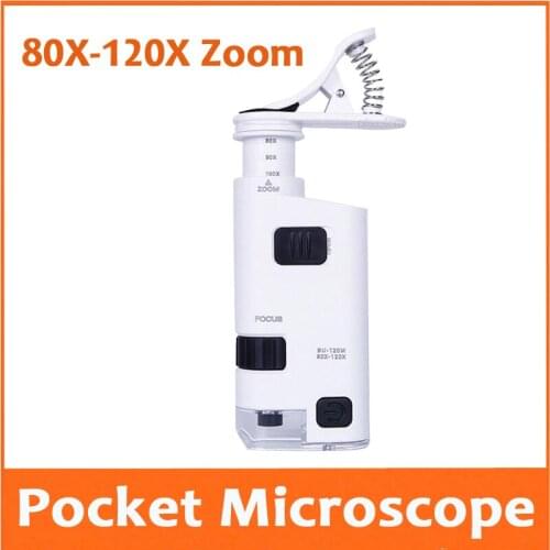 80X -120X Zoom Focus Adjustable LED Illuminated Pocket Microscope Reading Glass Magnfie with Mobile Phone Handset Mount Clip