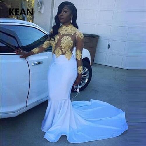 White Evening Dress Deep Hi-Neck Gold Appliques Mermaid Contrast Color vestidos Islamic Dubai Kaftan Saudi Arabic Prom Dress