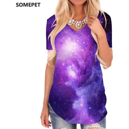 SOMEPET Colorful T-shirt women Galaxy Shirt Print Nebula V-neck Tshirt Purple Tshirts Printed Womens Clothing Punk Rock Printed