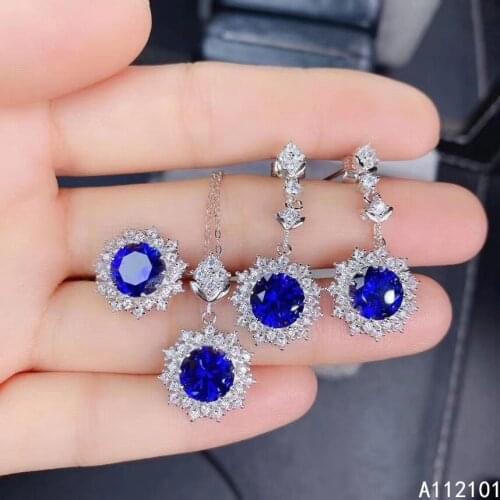 KJJEAXCMY fine Jewelry 925 sterling silver inlaid natural sapphire noble pendant ring earring set support test Chinese style