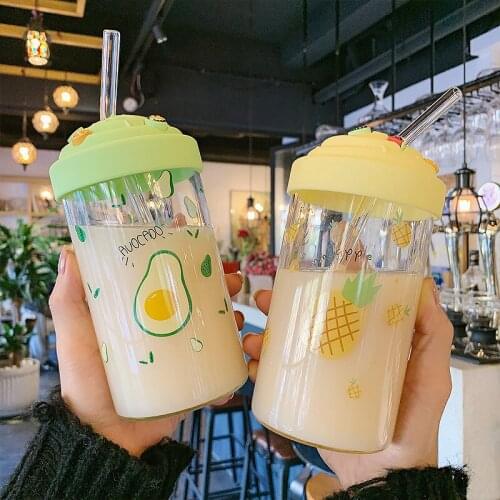 Korean Style Fruit Glass Water Bottle With Straw With Fruit Lid Fresh Sweet Milk Juice Cup Breakfast Home Office Water Cups