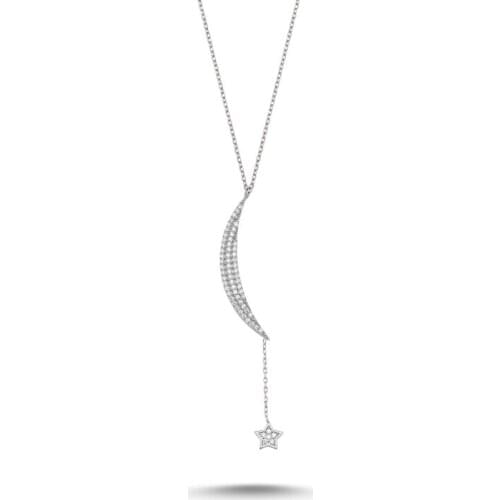 KUTAYDAN Crescent Moon & Star Zircon Stone Ghost Pendant 925 Sterling Silver