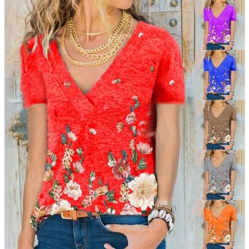 Summer Fashion V-Neck Short Sleeve Top Flower Print T-Shirt Loose Casual Pullover Tees Bottoming Shirt Temperament Womens Wear