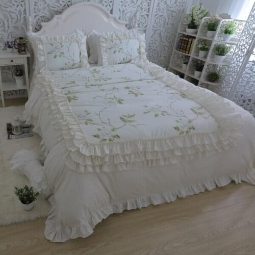 Multi Layers Ruffled Leaves printed Beige Duvet cover Bed skirt set 100%Cotton Ultra Soft Twin Queen King size Girls Bedding set