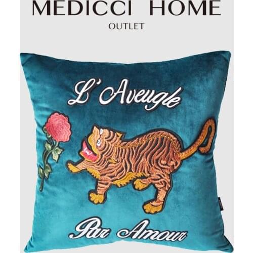 Medicci Home Decorative Pillow Case Retro Chic Tiger Embroidered Blackish Green Velvet Cushion Cover Couch Bedroom Livingroom