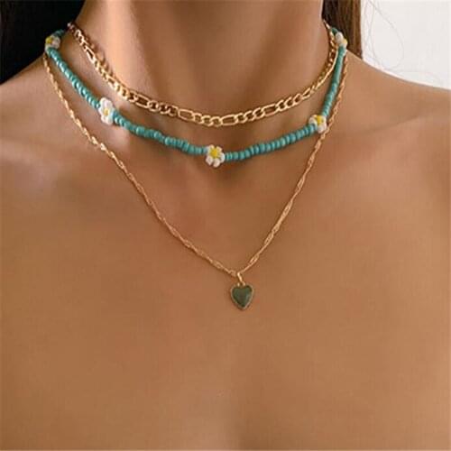 Retro Hollow Out Chain Resin Heart-Shaped Necklace Simple Small Daisy Bead Clavicle Necklace Ethnic Jewelry Gifts