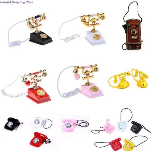 Retro Desk Phone Vintage Telephone Dolls Houses Furniture Acc Decor Children Pretend Play Toy 1/12 Metal Dollhouse Miniature