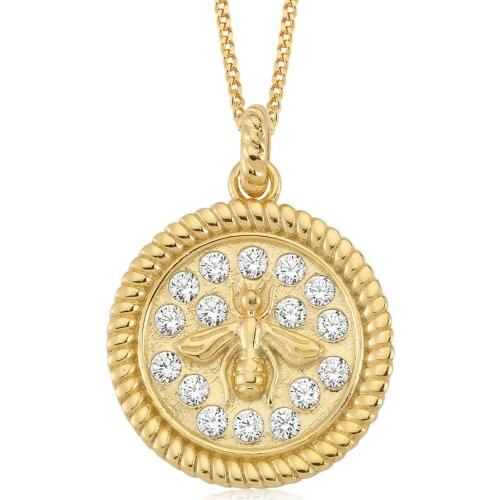 Valori Jewels Medallion Bee, Zirconia White Gemstone, Gold Plated, Sterling Silver Necklace