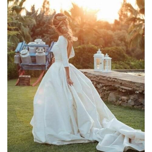 Vintage A-Line Long Boat Neck Wedding Dresses with Pockeet Floor Length Pleated Button Sweep Train Satin Bridal Gowns for Women