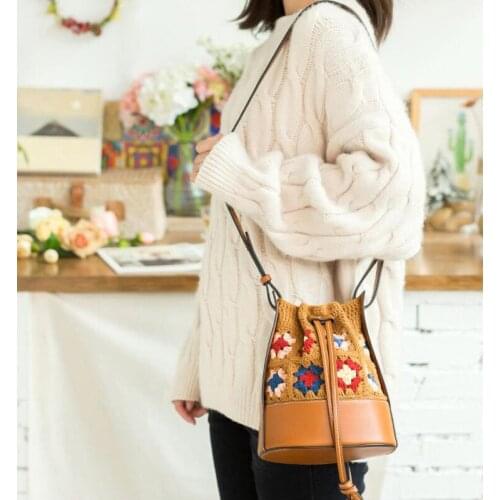Women PU Shoulder Messenger Bag Hand-knitted Crochet Woolen Yarn Handmade Flower Shopping Handbag