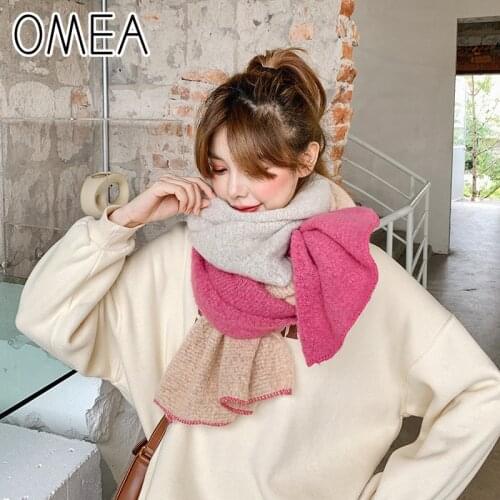 OMEA Patchwork Scarf Women Korean Winter Accessories Sweet Color-matched Cute Long Shawl Cashmere Pink Head Scarf Luxury Hijab