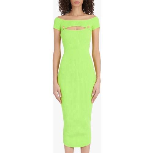 Women Summer Ladies Sexy Off Shoulder Key Hole Neon Green Midi Bodycon Bandage Dress 2021 Elegant Evening Party Club Dress