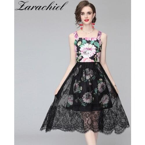 2021 Summer Holiday Spaghetti Strap Dress Women Elegant Diamonds Buttons Rose Floral Print Stitching Lace Black Party Vestidos
