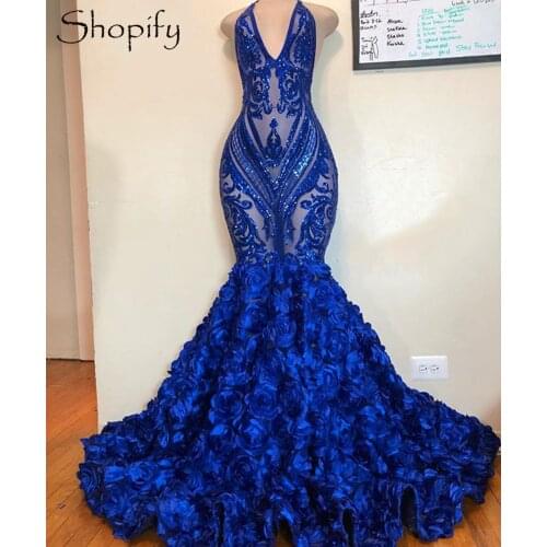 See Through Mermaid Women Prom Dresses 2021 Flowers Royal Blue Sequin African Black Girls Prom Party Dress
