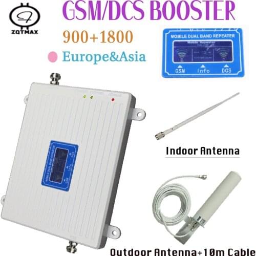 ZQTMAX GSM DCS Dual Band 900 1800 Signal Repeater gsm 70dB Cellphone Signal Booster LTE Mobile Amplifier LCD Dispaly + Antenna