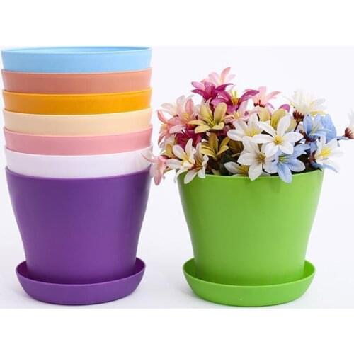 1pc Flower Pot Colorful Durable Resin Plant Flower Pot Gloss Planter Home Garden Decoration with a Saucer Tray Drainage Holes