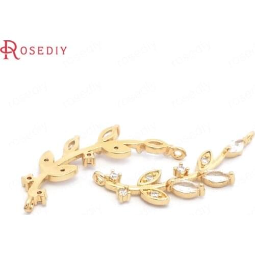 39542)6PCS 12x27MM 24K Champagne Gold Color Brass and Zircon Wicker Leaves Charms Pendants Jewelry Making Diy Accessories