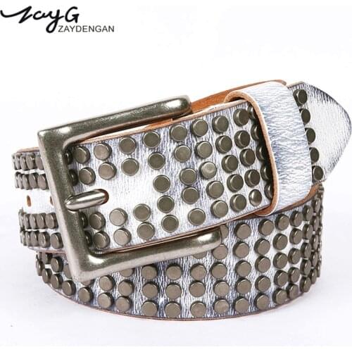 ZAYG off white belts female men belt genuine leather women belt punk metal rivets gothic fashion pin buckle leather belts