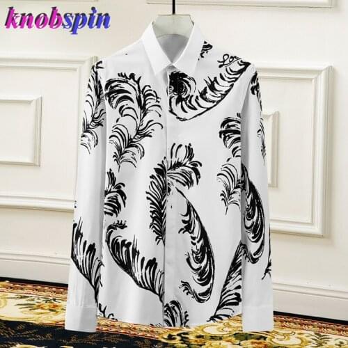 Plus size 3XL 4XL Brand Long sleeve Fall Shirt men Feather Print Slim Casual Chemise homme high quality Business male Shirts