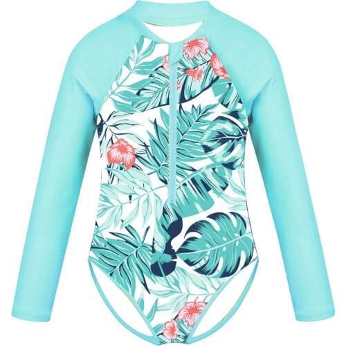 Kids Girls One Piece Surfing Swimsuit Child Long Sleeve Rash Guard Palm Printed Zippered Swimwear Beachwear Bathing Playing Suit