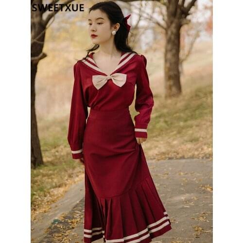 SWEETXUE Spring Sets Female Preppy Style Retro Bow Lace Navy Collar Top With Fishtail Skirt Fashion Two-Piece Suit Women