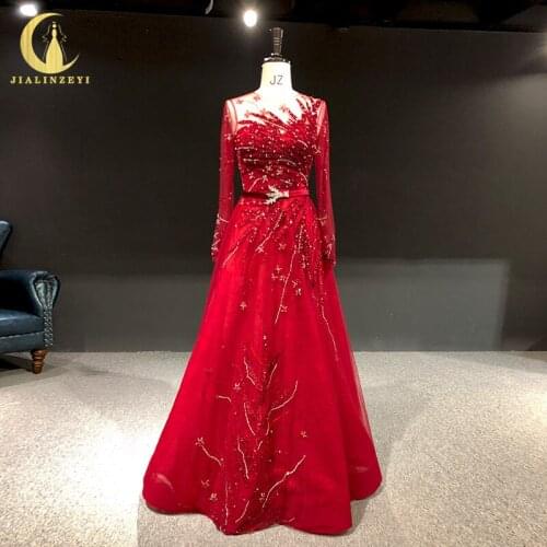 Rhine real Pictures Red Long Sleeves With Velvet Beads A-line vestidos de noche платье на выпускной evening dresses