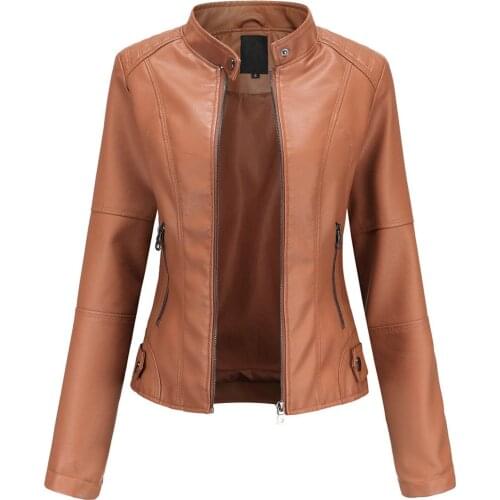 WomenS Faux Leather Stand-Up Collar Zipper Stitching Solid Color Slim Fit Long Sleeve Motorcycle Thin Section Jacket Outerwear